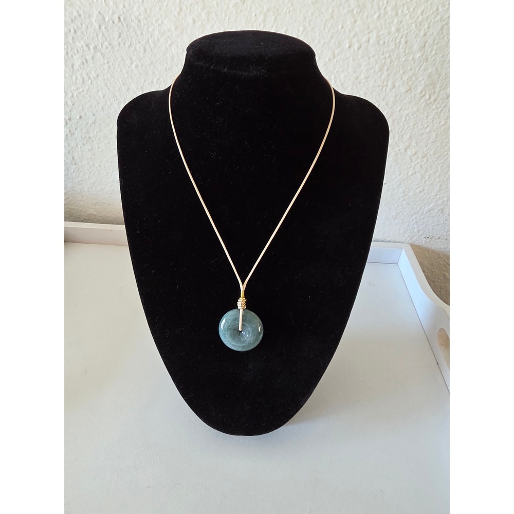 Green Jade Donut Pendant Necklace Gold Tone Wire Wrapped Minimalist Cord 15in